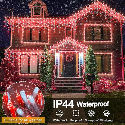 99ft Red and White Christmas Lights, 1216 LED Icicle Lights for Outside, Clear Wire Twinkle Light with 8 Modes Timer Waterproof for House Window Party Tree Holiday Patio Yard Home Decoration