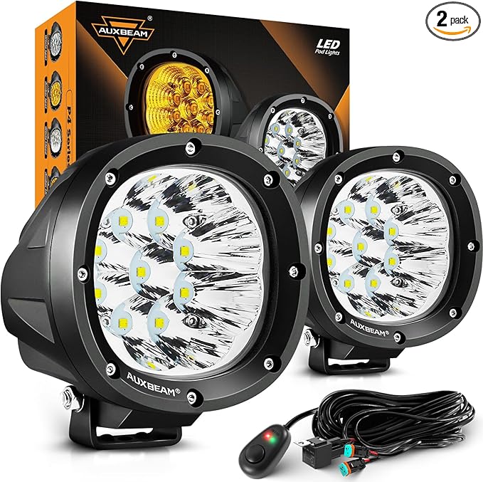 Auxbeam P4 Series 4 Inch 90W Round LED Offroad Lights, Spot Beam LED Pods Off-Road Spotlights, 4x4 4WD Driving Light Bar A-Pillar Bumper Grille Hood Mount, Pair