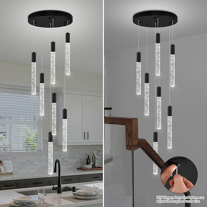 7-Lights High Ceiling Crystal Chandelier, Modern LED Raindrop Pendant Light Fixture 60" H Flush Mount Chandelier Black for Foyer Staircase Living Room