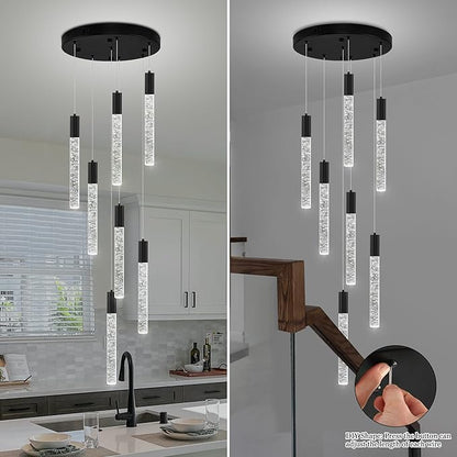7-Lights High Ceiling Crystal Chandelier, Modern LED Raindrop Pendant Light Fixture 60" H Flush Mount Chandelier Black for Foyer Staircase Living Room