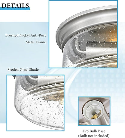 Brushed Nickel Flush Mount Ceiling Light Fixtures, 12 Inch 2-Light Light Fixtures Ceiling Mount with Seeded Glass Lampshade,Ceiling Light for Kitchen, Hallway, Entryway