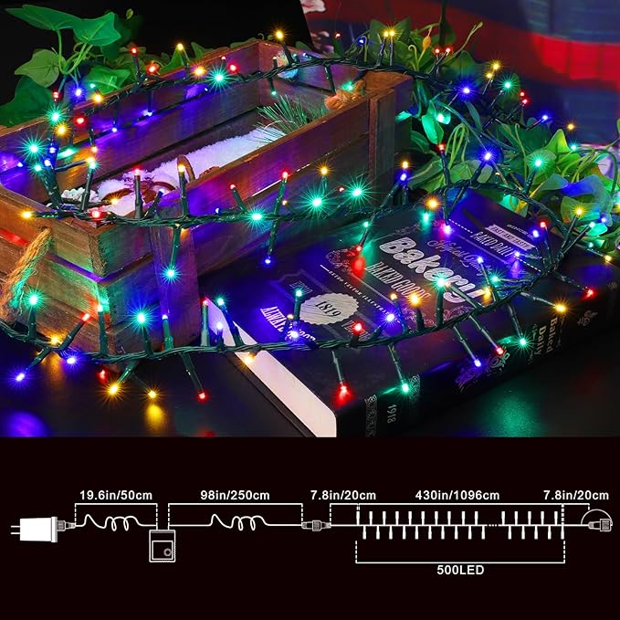 LAMPHOME 500 LED String Lights Outdoor, 16 Modes Plug-in Twinkle Fairy for Bedroom, 46ft 500LED Christmas Cluster Outdoor Waterproof - Multicolor