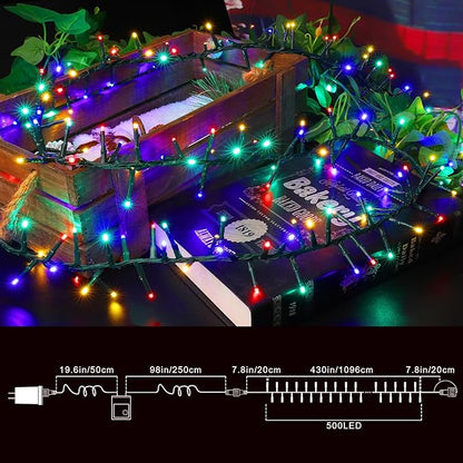 LAMPHOME 500 LED String Lights Outdoor, 16 Modes Plug-in Twinkle Fairy for Bedroom, 46ft 500LED Christmas Cluster Outdoor Waterproof - Multicolor