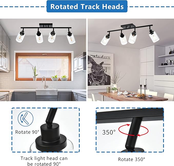 MELUCEE 4 Light Track Lighting Kit 28.7 Inch Bathroom Light Fixtures Matte Black Ceiling Spotlight Fixture for Hallway Foyer Bath Storage, Clear Glass Shade