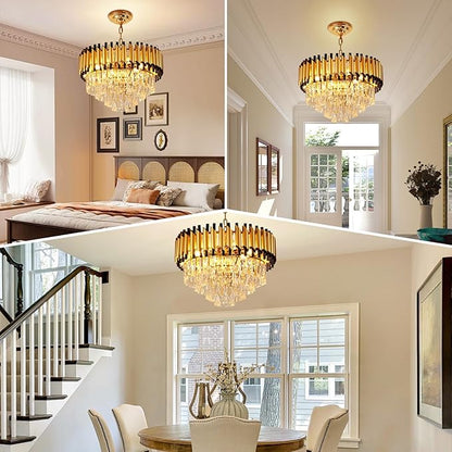 Depuley Modern Gold Crystal Chandelier: 6-Light Flush Mount Chandelier 12 Inch 4-Tier Luxury Round Hanging Pendant Light Fixture for Porch Bedroom Dining Room Foyer Included Bulbs