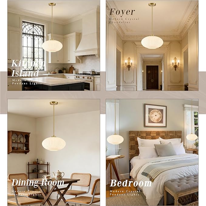 10" Milky White Glass Modern Pendant Light Kitchen Island Brushed Gold Mid Century Modern Pendant Lighting with Frosted Glass Hanging Pendants Light for Bedroom（Bulb Incl.）