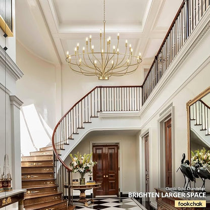 24 Light Gold Chandelier 51'' Large Candle Chandeliers for High Ceiling Foyer Brushed Brass Gold Chandelier Light Fixture for Large Living Room Dining Room Stairs Entry Restaurant Hotel