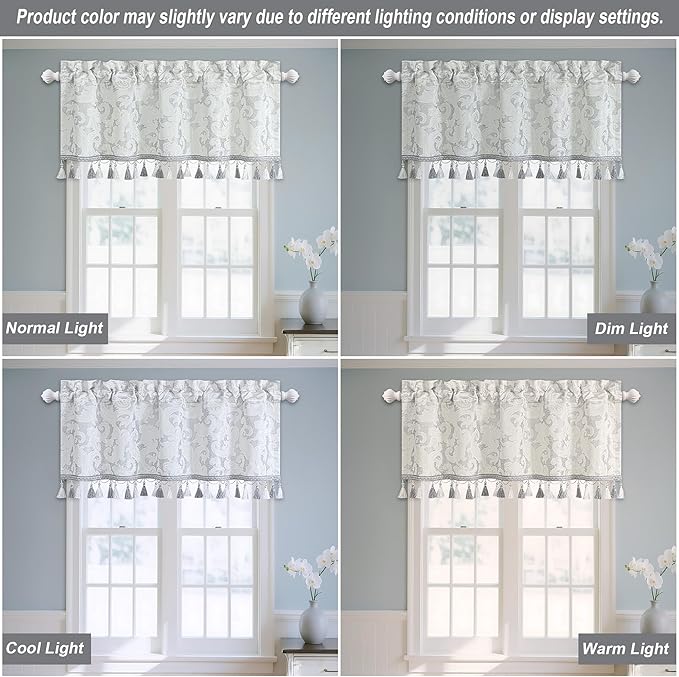 Loom and Mill Luxury Valances for Windows, Elegant Damask Thick Window Treatment Curtains Valance with Handmade Tassels for Living Room, Bedroom Party Banquet Decorations (54" x 18", Silver&White)