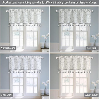 Loom and Mill Luxury Valances for Windows, Elegant Damask Thick Window Treatment Curtains Valance with Handmade Tassels for Living Room, Bedroom Party Banquet Decorations (54" x 18", Silver&White)