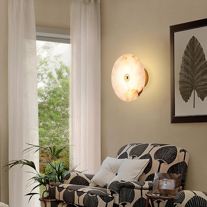 9.84 Inch Round Natural Alabaster Wall Sconce Marble Stone Light Decor for Wall, Dimmable 3CCT Hardwired Circular Sconce LED Modern Wall Lamp for Bedroom, Living Room, Bedside, Hallway (Gold)