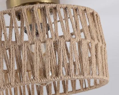 Coastal Antique Gold Woven Flush Mount Light Fixture Rustic Boho Hemp Rope Brass Semi Flush Mount Ceiling Light for Hallway Bedroom Farmhouse Kitchen Entryway Hall