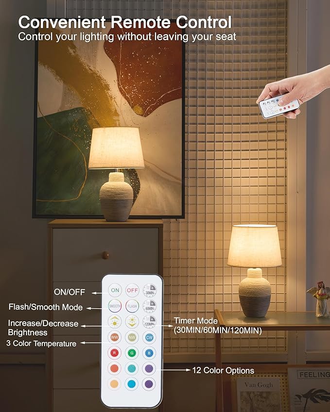 UMEXUS 13" Small Cordless Rechargeable Table Lamp, Ceramic, Remote Control Timer, Dimmer, RGB, Battery Operated, Warm Light Rustic Farmhouse Lamp for Kitchen Living Room Nightstand, Beige & Blue-Gray