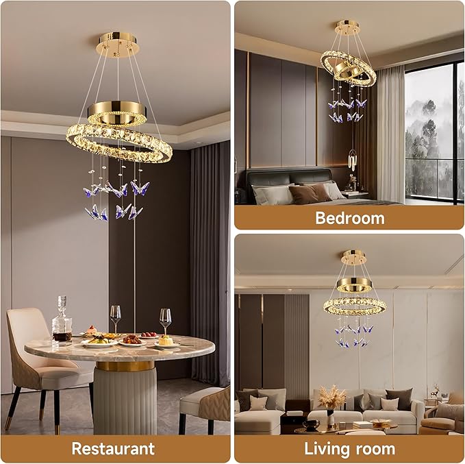 D 18" LED Gold Crystal Butterfly Chandelier, Dimmble LED Light Fixtures with Remote, Gold Modern Round Ring Crystal Chandeliers, for Dining Room, Kitchen Island, Entryway, Living Room, Bedroom