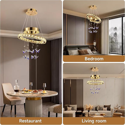 D 18" LED Gold Crystal Butterfly Chandelier, Dimmble LED Light Fixtures with Remote, Gold Modern Round Ring Crystal Chandeliers, for Dining Room, Kitchen Island, Entryway, Living Room, Bedroom