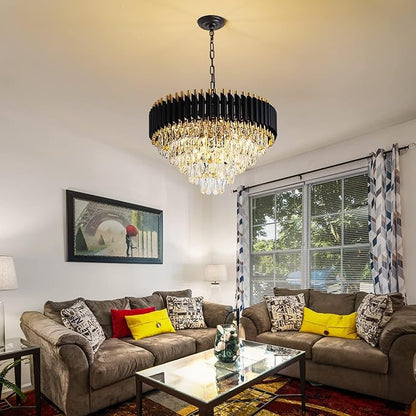 Modern Chandelier Gold and Black Chandeliers 5-Tier Chandelier Crystal Round Hanging Crystal Pendant Light Fixture for Dining Room Bedroom Living Room Foyer Farmhouse W24in 12 Lights