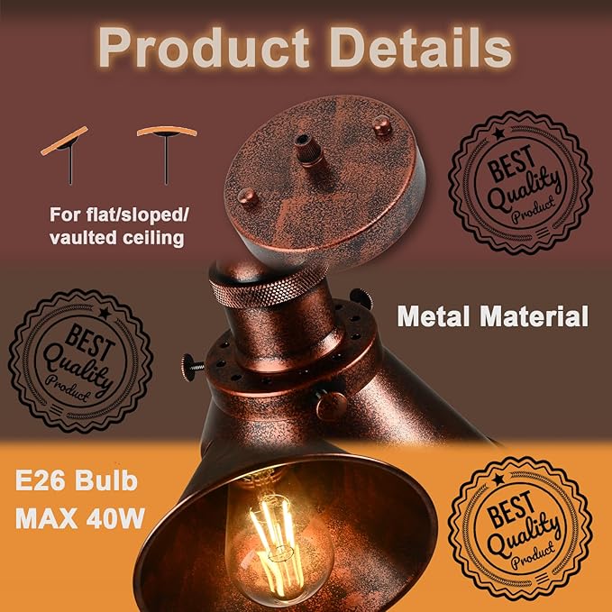 TAKEGO 7.09" Copper Pendant Light Set of 2, Rustic Pendant Light Kitchen Island, Vintage Farmhouse Light Fixtures, Hanging Ceiling Lamp for Kitchen Island, Hallway, Dining Room