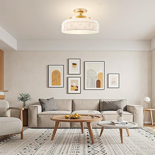 Lamomo Semi Flush Mount Ceiling Light,12 Inch White Glass Shade Gold Hallway Light Fixture,3 Light Globe Glass Close to Ceiling Scone,Indoor Hanging Light for Bedroom Kitchen Porch Hallway