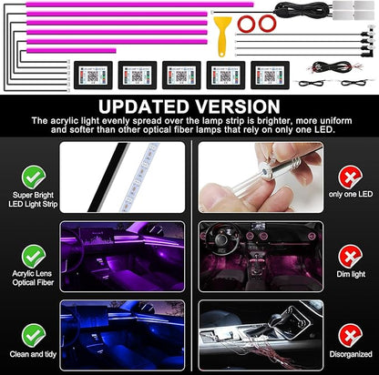 Acrylic Interior Car LED Strip Light with Wireless APP, 14 in 1 with 175 inches 593 LEDs Neon LED Strip Light, RGB Colors Dynamic Music Sync Car Ambient Lighting Kits