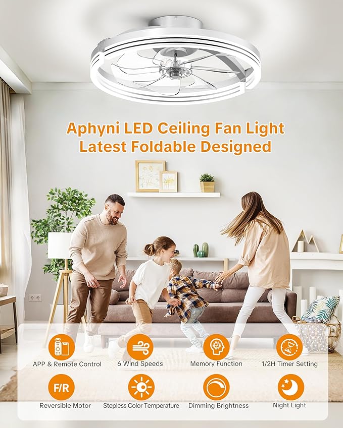 Ceiling Fans with Lights and Remote Low Profile Flush Mount LED Ceiling Fan with Lights 3000K-6500K Dimmable Foldable Fandelier Light 6 Wind Speeds Night Light for Bedroom Living Room White