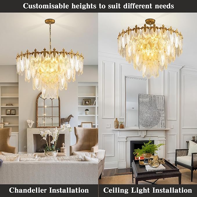 KELUOLY Modern Large Crystal Chandelier, 4-Layer Gold Glass Chandelier, 12 Light Round Antique Ceiling Pendant Light, 31.5 Inchs Adjustable Height for Foyer, Living Room, Bedroom, Dining Room