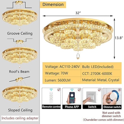 Modern Chandeliers for Living Room Crystal Chandelier Ceiling Light Fixture LED Dimmable with Remote Pendant Lighting Flush Mount Lighting for Dining Room Bedroom Gold