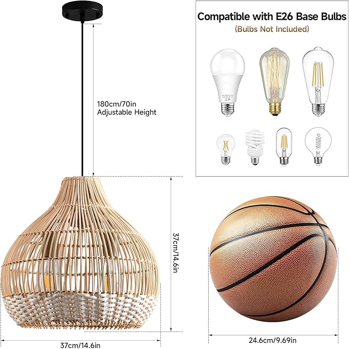 Boho Pendant Lights Kitchen Island 14.6in White Rattan Chandelier Beachy Wicker Dining Room Light Fixtures Woven Hanging Ceiling Lighting for Bedroom Breakfast Nook Restaurants Foyer Corridor