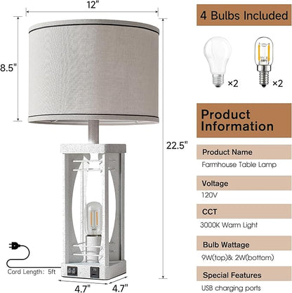 SRJJA Farmhouse Table Lamps Set of 2 for Living Room, Modern Industrial Bedside Lamps with USB A+C Charging Ports, 22.5" Dual Light Nightstand Lamp with Linen Shade for Bedroom End Tables