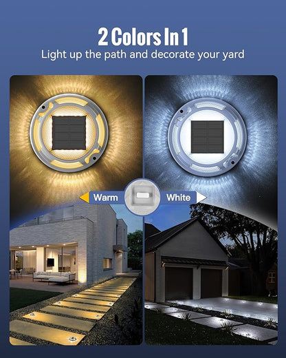 Solar Driveway Lights Dock Lights Waterproof 4 Pack, 2 Colors in 1 Outdoor LED Solar Deck Light, Solar Powered Walk Way Light Road Marker for Warning Stair Pathway Patio(Warm & Cool)
