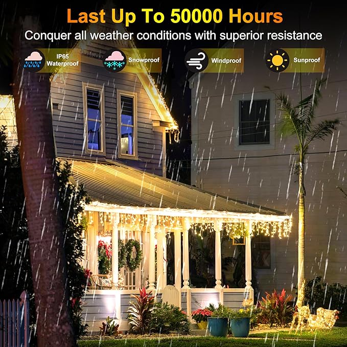 612 LED 60FT Christmas Lights with 136 Drops, 12 Modes Dimmable Warm white Outdoor Hanging Lights with Timer Memory, Waterproof Curtain Lights for Home Bedroom Indoor Tree Window Roof Fence Wedding