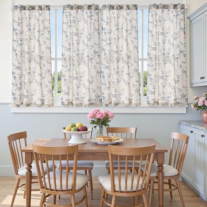 jinchan Floral Kitchen Curtains 54 Inch Linen Tier Curtains Farmhouse Cafe Half Window Drapes for Small Windows Light Filtering Blue on Beige for Living Room Bathroom Back Tab 2 Panels