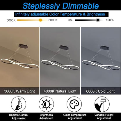 LED Chandelier,39.4inch Modern Led Pendant Light with Remote,Dimmable Black Chandelier for Dining Room,Adjustable Height 45W Aluminium Contemporary Ceiling Hanging Light Fixture for Kitchen