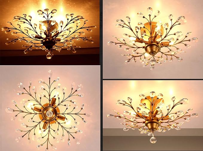 Garwarm 4-Light Vintage Crystal Chandeliers Ceiling Lights Crystal Pendant Lighting Ceiling Light Fixtures Chandeliers Lighting for Living Room Bedroom Restaurant Porch Chandelier(Golden)