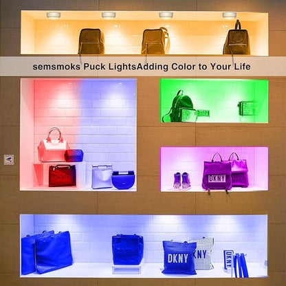 SEMSMOKS Battery Operated LED Push Lights with Wireless Remote, 13 Color RGB - for Closet, Bedroom Wall, Under Cabinet, Battery Powered Puck Lights. Convenient 3M Stick On(Black, 2-Packs)