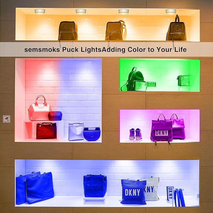 SEMSMOKS Battery Operated LED Puck Lights with Wireless Remote, 13 Color RGB - for Closet, Bedroom Wall, Under Cabinet, Battery Powered Push Lights. Convenient 3M Stick On(White, 3-Packs)