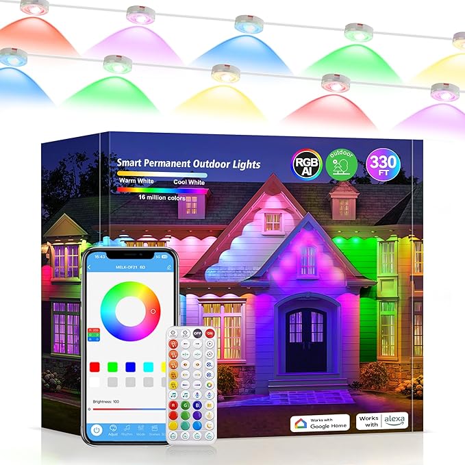 Permanent Outdoor Lights 330ft RGB+IC Outdoor String Lights App Control,Works with Alexa,Google Assistant IP67 Waterproof,100 Scene Modes Decoration for Home Christmas,Halloween,Holiday(165ftX2pack)