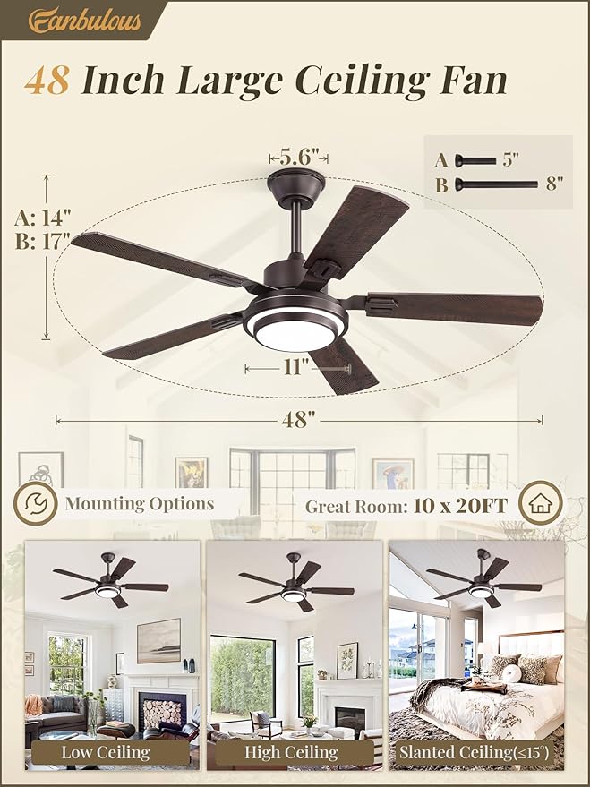 Fanbulous 48 Inch Ceiling Fans with Lights and Remote, Oil Bronze Ceiling Fan with 8 Dual-Color Blades, Indoor/Outdoor Large Ceiling Fans, Reversible DC Motor, 6-Speed, 3CCT for Living Porch Patio