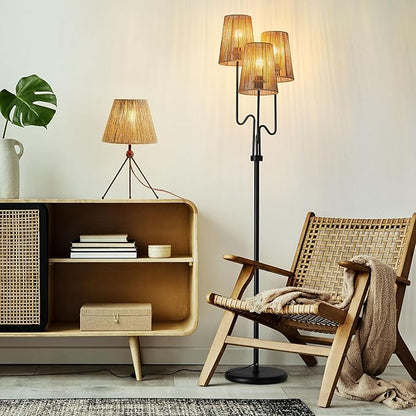 Boho Floor Lamp, 68in. Rattan Floor Lamps with Rattan Shade,3 Light Tree Standing Lamp for Bedroom,Nursery,E26 Socket, Living Room Floor Lamp for Rustic,Coastal, Beach or Bohemian Decor (Black)