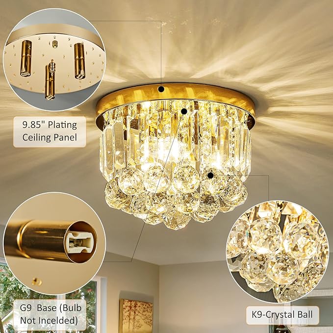 Round Crystal Lamp Chandelier,Modern Gold G9 Ceiling Mount Fixture Dia.9.85" x H8.25 for Living Room Dining Room Hallway (3 Light) …