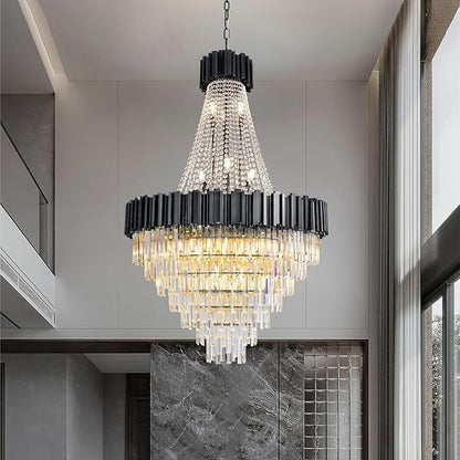 54" Black Large Chandeliers for High Ceilings, 21-Light Modern Crystal Chandelier for High Ceiling Staircase, Foyer, Entryway, Living Room, Hallway, Luxury K9 Crystal Tiered Chandelier Light Fixture
