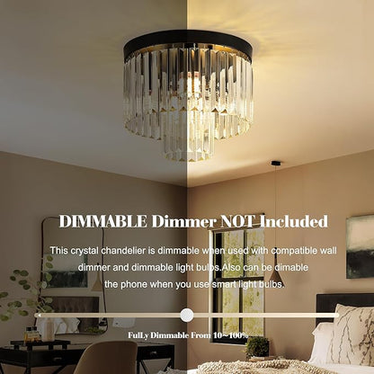 12.6" Black Crystal Ceiling Light 4-Light Modern Fixture 2-Tier Luxury K9 Crystal, for Dining Room Kitchen Island Living Room Bedroom