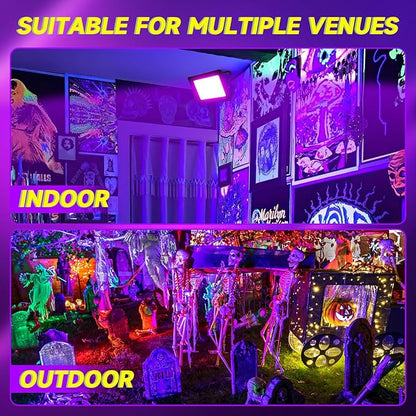 2 Pack 100W LED Black Light, IP66 Waterproof Outdoor Blacklight Flood Light Spotlight with Plug, Switch, Cord for Neon Glow Party Fluorescent Poster Body Paint Stage Lighting Halloween Decor