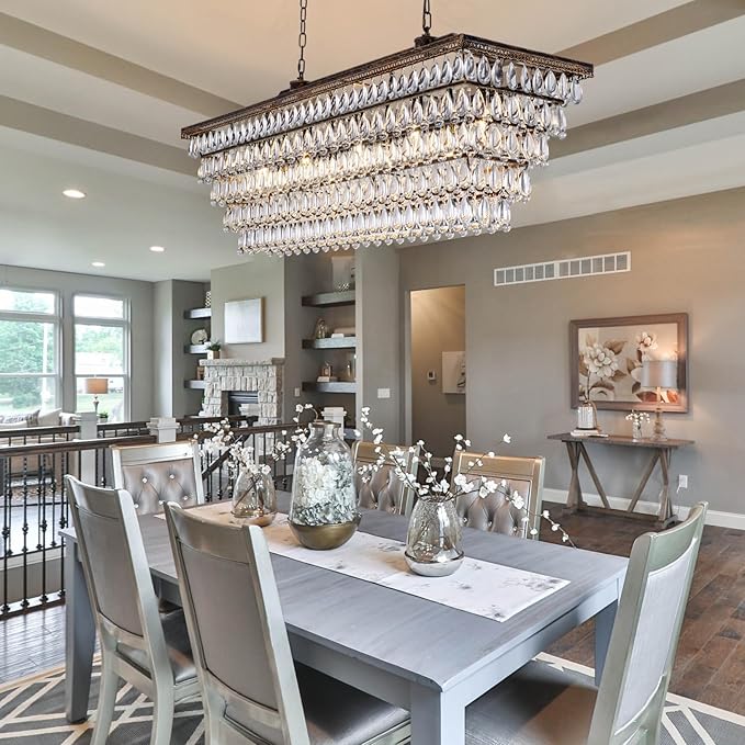 Wellmet Dining Room Crystal Chandelier, 48 Inch Antique Bronze Rectangle Chandeliers, 9 Lights Luxury Large Farmhouse Hanging Ceiling Light Fixtures for Kitchen Island, Living Room, Entryway