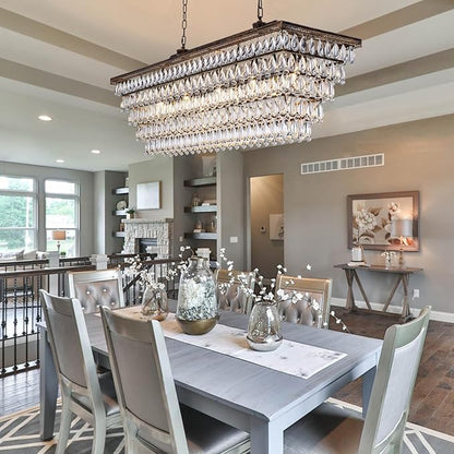 Wellmet Dining Room Crystal Chandelier, 48 Inch Antique Bronze Rectangle Chandeliers, 9 Lights Luxury Large Farmhouse Hanging Ceiling Light Fixtures for Kitchen Island, Living Room, Entryway