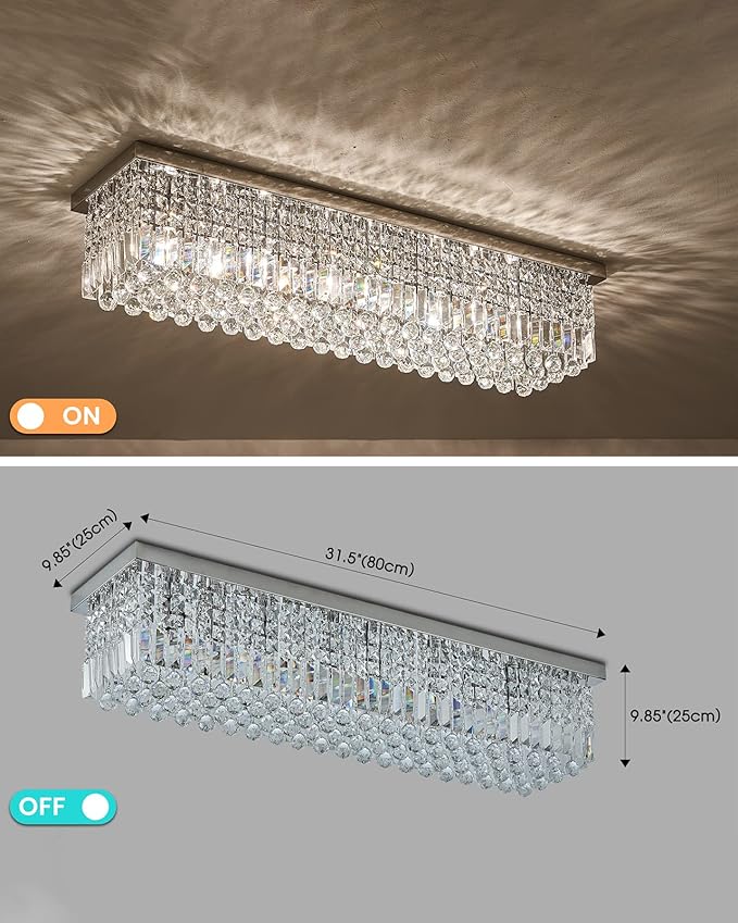 7PM Rectangular Chandelier, Modern Dining Room Light Fixture with Luxury K9 Raindrop Chandelier Crystals, 6 Lights Flush Mount Rectangle Chandelier for Kitchen, Living Room, L31.5'' x W10'' x H10''
