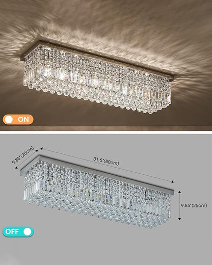 7PM Rectangular Chandelier, Modern Dining Room Light Fixture with Luxury K9 Raindrop Chandelier Crystals, 6 Lights Flush Mount Rectangle Chandelier for Kitchen, Living Room, L31.5'' x W10'' x H10''