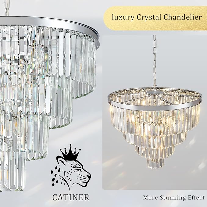 CATINER Modern Chrome Crystal Chandeliers 24” Luxury Chandeliers 4-Tier 12 Lights K9 Crystal Round Ceiling Pendant Light Fixture Contemporary for Living Dining Room Foyer Staircase Bedroom