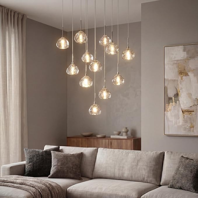 Modern LED High Ceiling Chandelier,12-Light Fixture Crystal Hanging Lamp Dining Room Dimmable Adjustable Luxury Pendant Lights for Living Dinning Room Hallway Foyer Staircase Entryway