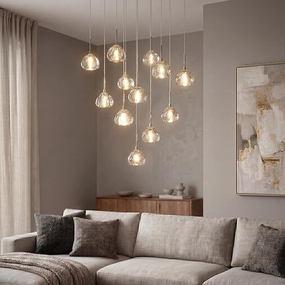Modern LED High Ceiling Chandelier,12-Light Fixture Crystal Hanging Lamp Dining Room Dimmable Adjustable Luxury Pendant Lights for Living Dinning Room Hallway Foyer Staircase Entryway