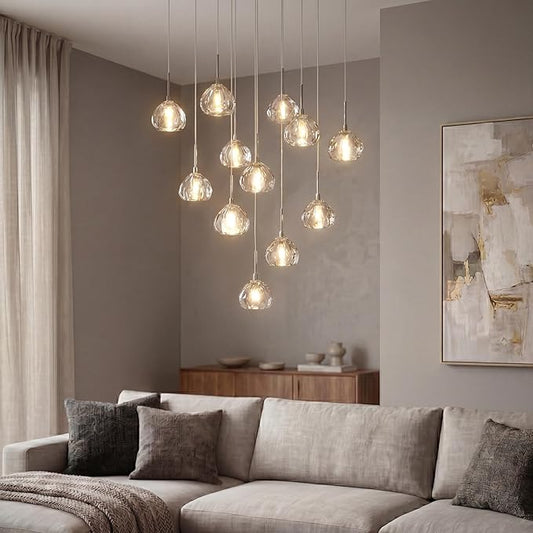 Modern LED High Ceiling Chandelier,12-Light Fixture Crystal Hanging Lamp Dining Room Dimmable Adjustable Luxury Pendant Lights for Living Dinning Room Hallway Foyer Staircase Entryway