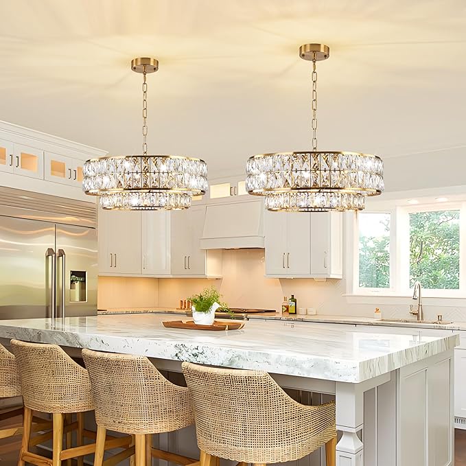 20 Inch Contemporary Luxury Crystal Chandelier, 6-Light Gold Semi-Flush Mount Ceiling Fixture, Round Crystal Pendant Design Perfect for Living Room, Dining Room, Kitchen, Foyer & Bedroom